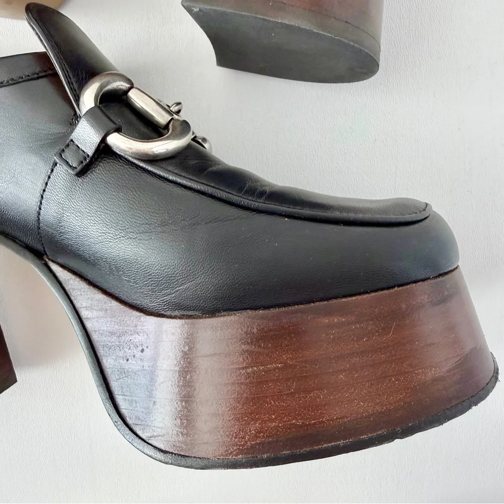 GUCCI | Black Leather Horsebit Platform Loafers Block Heel EU 37.5‎